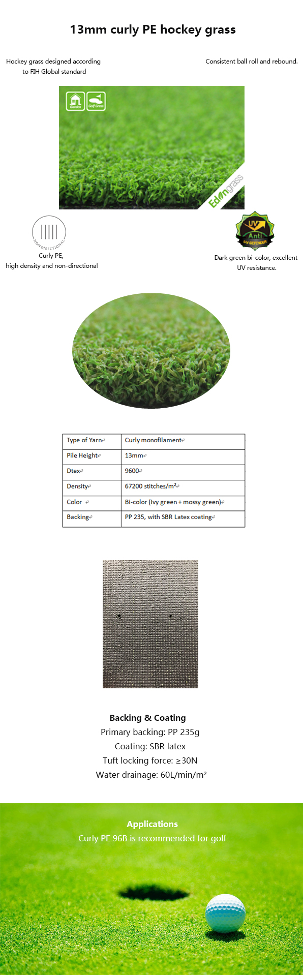 وضع العشب الصناعي الأخضر للجولف عشب اصطناعي بارتفاع 13 متر مقاومة للتآكل 0